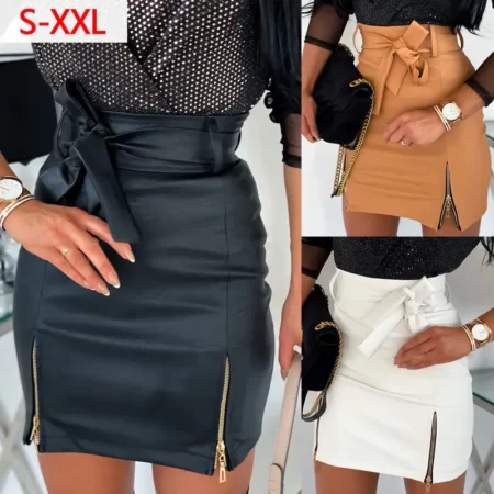 Slim high waist bowknot PU leather skirt