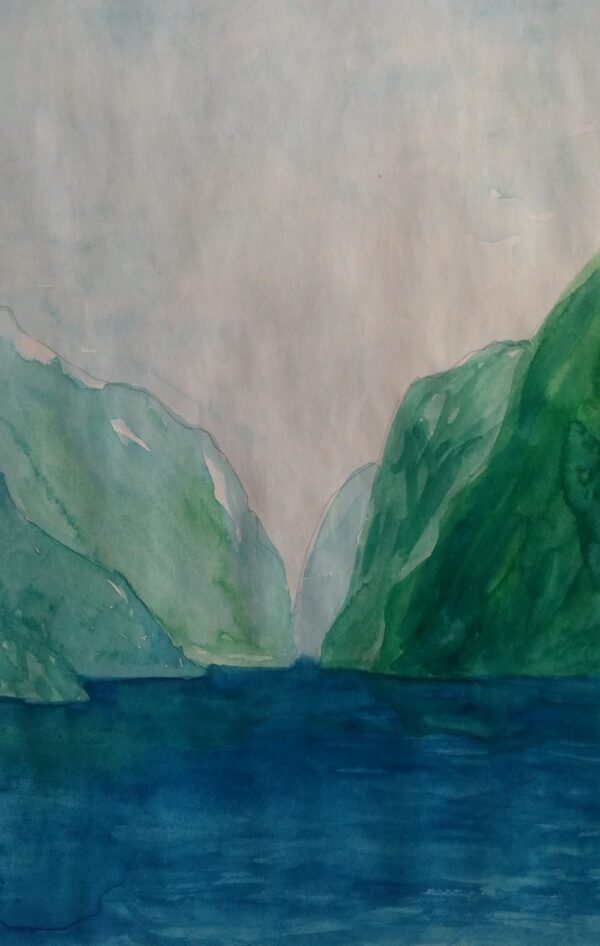 Akvarell Fjell og fjord